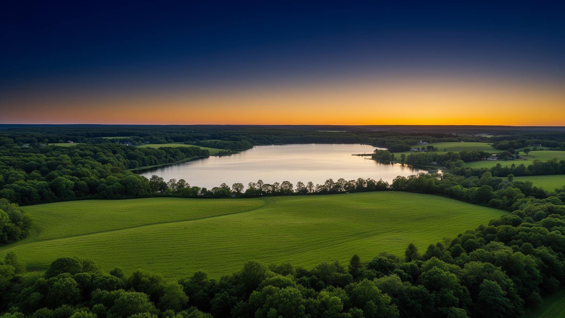 Aerial view of open land beside a lake at dusk